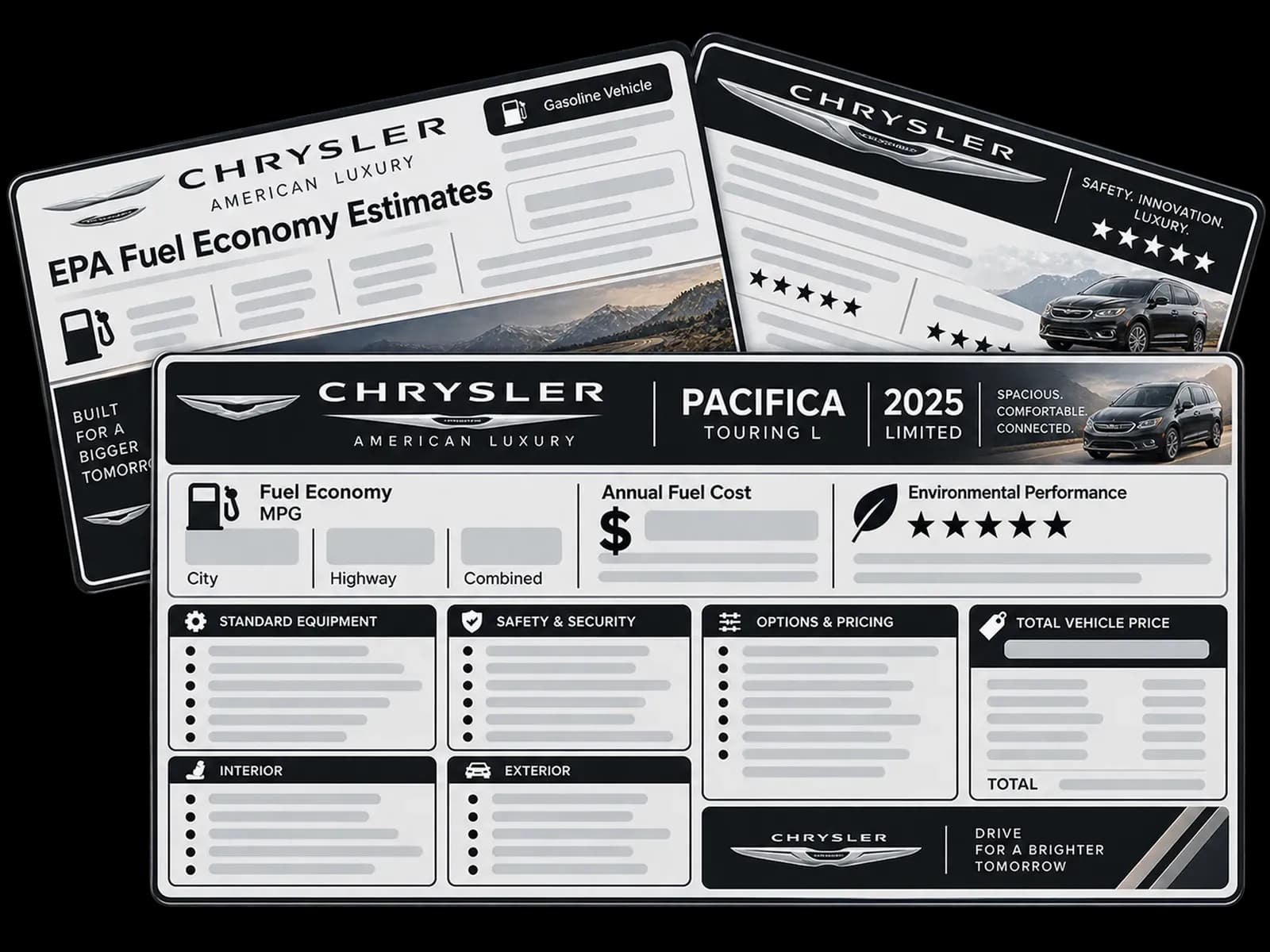 Chrysler window sticker sample showing EPA fuel economy, safety ratings and factory equipment